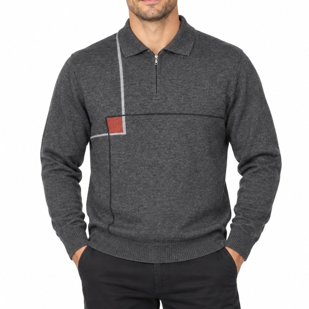 Bachrach Wool Blend Sweater Men XL Gray Quarter Zip Italy Geometric Pullover